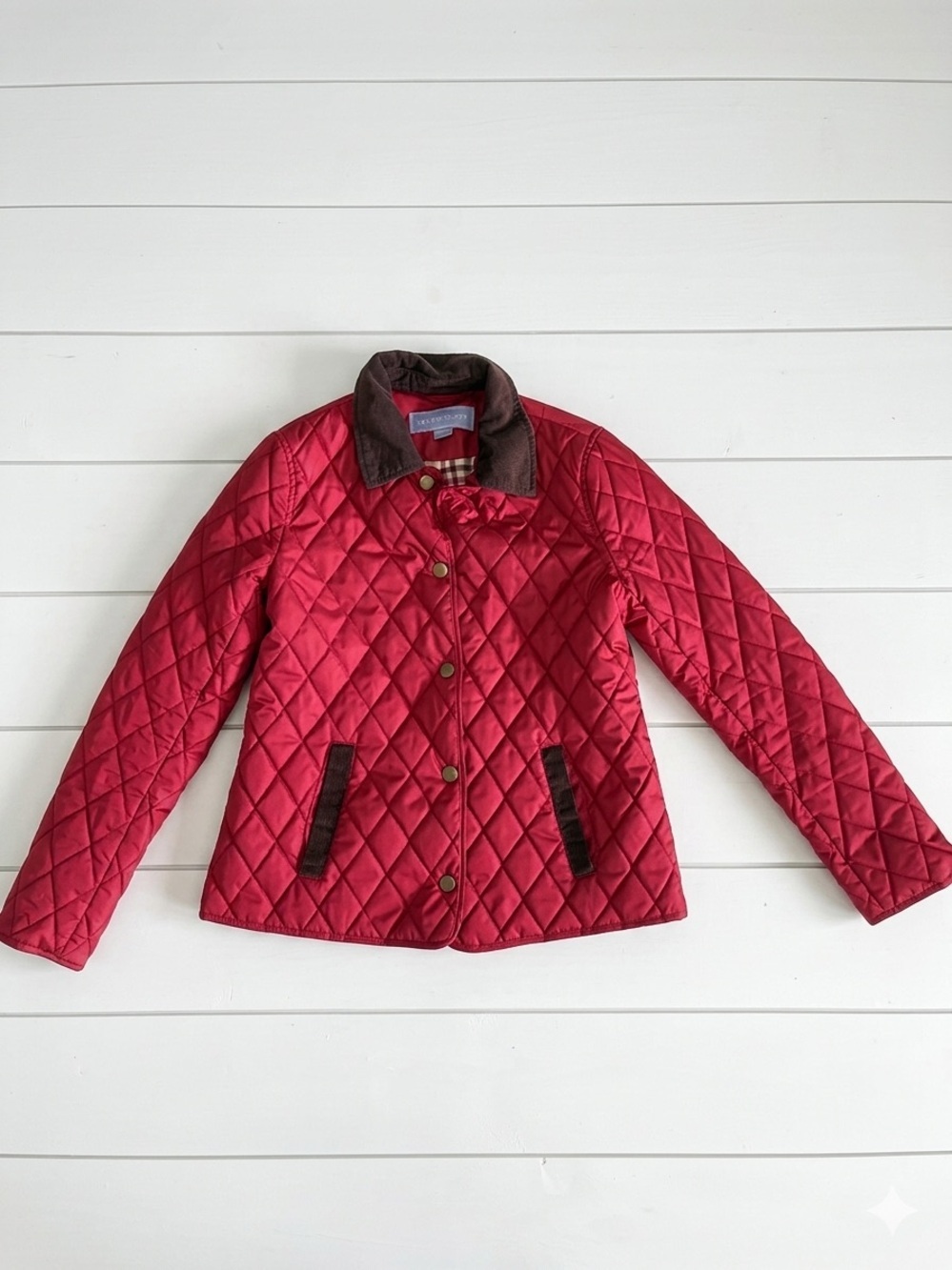 Laura Scott Cottagecore Quilted Red Jacket with Brown Corduroy Trim Small